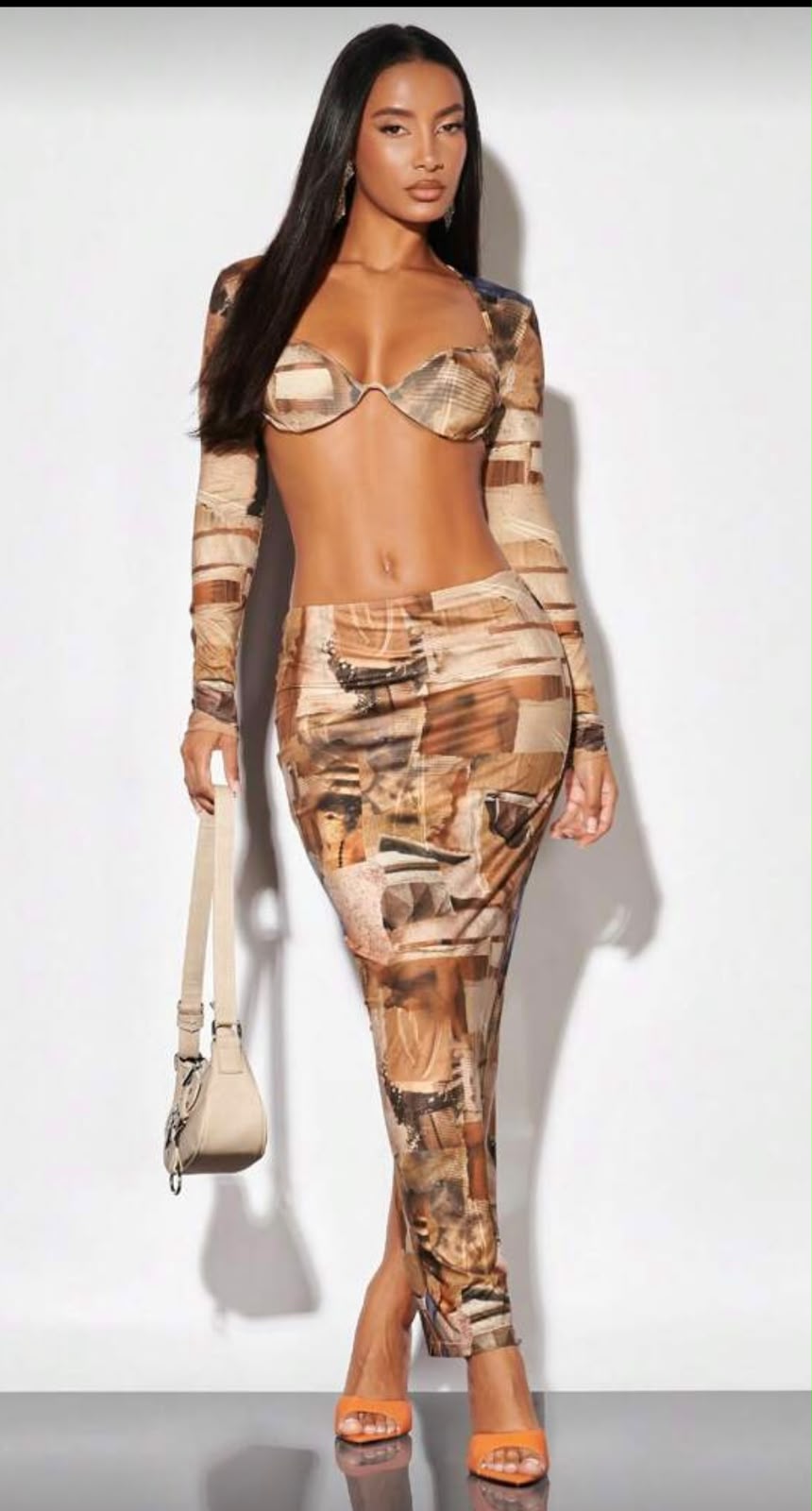 Set top estampado + falda café/beige Nude